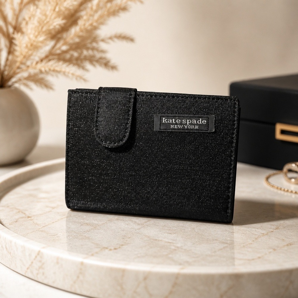 Kate Spade‎ New York Black Shimmer Denim Bifold Card Case Wallet Snap Closure